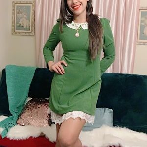 Green Long Sleeve Dress with white embroidery